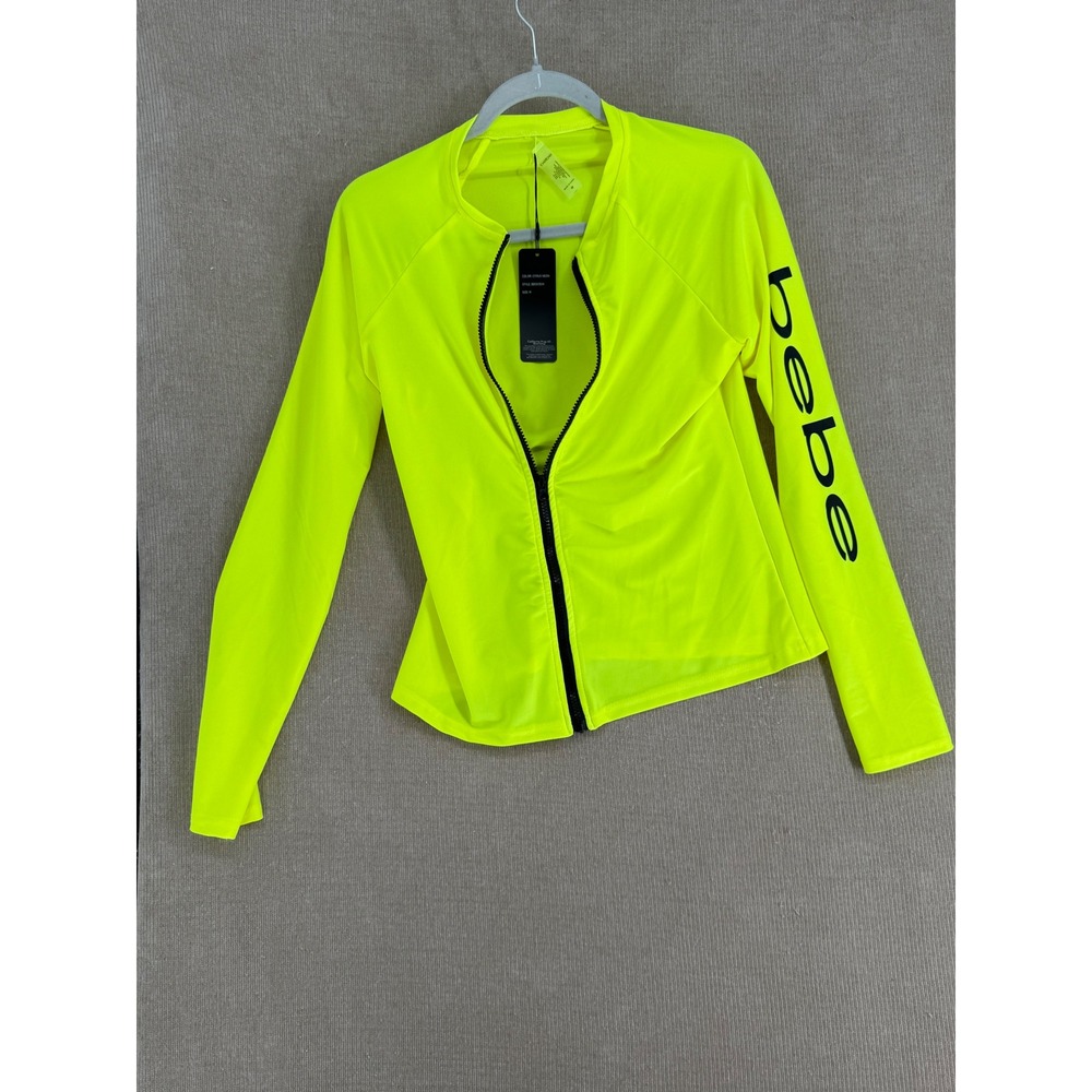 Bebe Womens Long Sleeve Rash Guard Citrus Neon Yellow Full Zip Swim Top BB1343SW